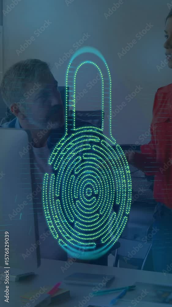 Aufkleber animation of padlock over diverse business people using computer and talking in office