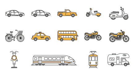 A collection of simple line icons depicting various modes of transportation.