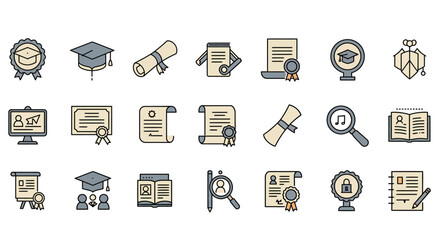 Collection of education-related icons depicting graduation, certificates, online learning, and academic achievements in a flat design style.