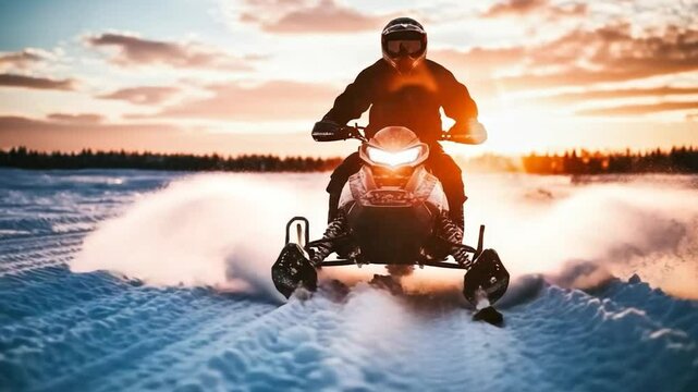 Person driving snowmobile in snowy landscape at sunset