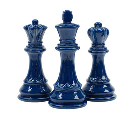 Three blue chess pieces in a row featuring two queens and a king against a black background studio...