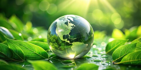 Lush green leaves enveloping a dew-kissed Earth globe