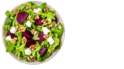 Beetroot salad with walnuts and goat cheese on black background top view