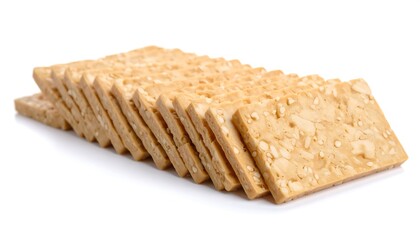 Stack of Beige Crackers on a White Background in Studio Shot Food Photo