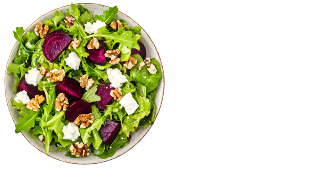 Beetroot salad with walnuts and goat cheese on black background top view