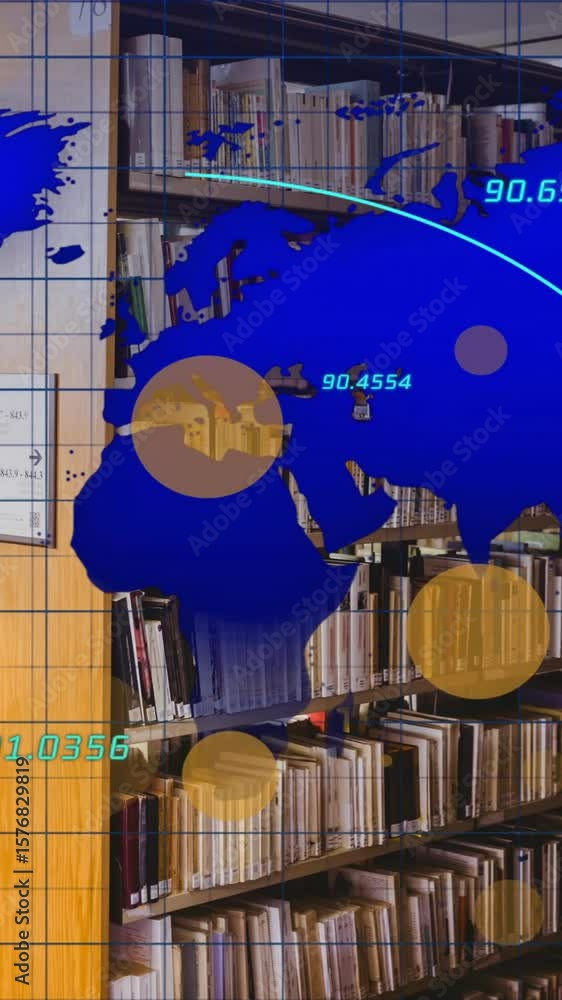 Poster animation of spots and data processing with world map over books on shelves in library