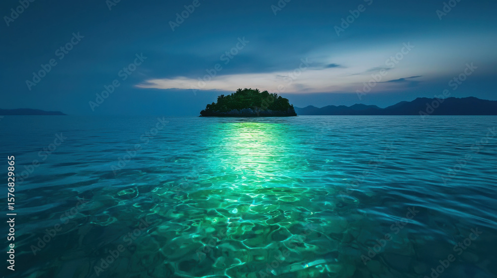 Aufkleber serene twilight over calm waters with illuminated island and gentle waves undersoft cloudy sky and d