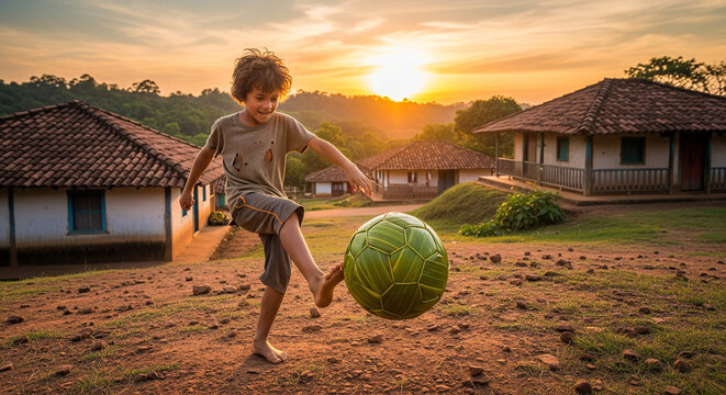 Joyful young boy playing soccer barefoot with a green ball in a rural setting during a beautiful sunset