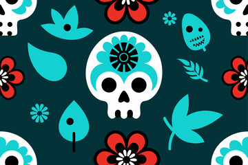 Vibrant Sugar Skull Dia de los Muertos Seamless Art