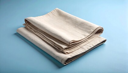 Stack of Three Beige Woven Napkins Neatly Folded on Light Blue Background