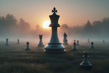 Strategic black and white chess pieces, including the king and queen, stand ready for a game on a chessboard set against a beach sunset, embodying power and challenge