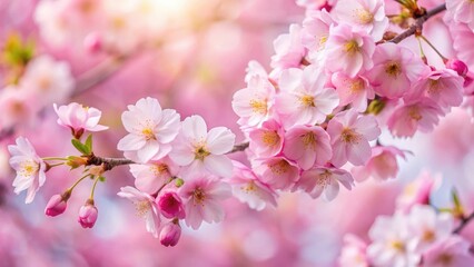 Serene cherry blossom tree in soft focus with delicate pink petals scattered around its base