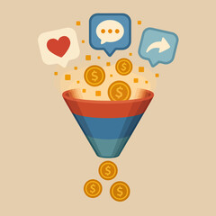 Conversion funnel showing the transformation of social media engagement into money, an abstract business concept.