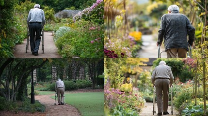 Elderly man uses walker in garden paths with flowers and green trees, collage