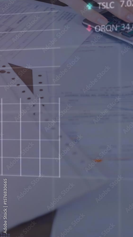 Poster animation of financial data and graphs over hands of caucasian using calculator and documents