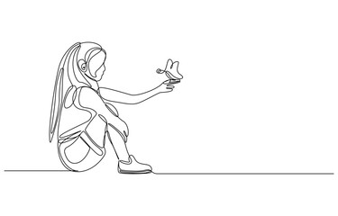 Obraz premium Girl with Butterfly A Single-Line Drawing, Singles Day Celebration line Drawing 