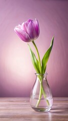 Obraz premium A delicate lilac tulip blooms in a clear glass vase against a soft pink background with subtle texture