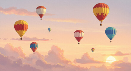 Fototapeta premium Watercolor hot air balloons floating over soft sunrise sky with pastel clouds