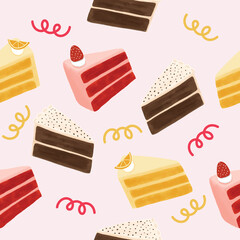 Colorful pieces of cake seamless pattern, vector  illustration. Design ideal for packaging, textile prints, party supplies, greeting cards, and bakery branding.
