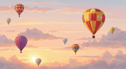 Obraz premium Watercolor hot air balloons floating over soft sunrise sky with pastel clouds