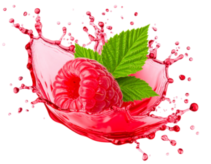 Fresh Raspberry with Red Juice Splash and Green Leaf Isolated on White or Transparent Background PNG