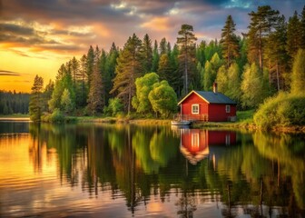Fototapeta premium Rustic red cottage on a serene lake surrounded by tall trees and lush greenery at sunset