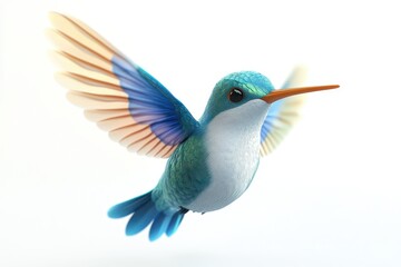 Obraz premium Hummingbird hovering mid-air 3d cartoon character on white background