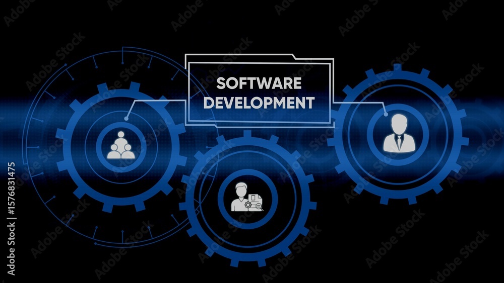 Aufkleber software development illustration depicting teamwork and technological progress in business