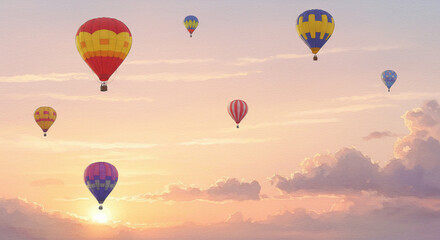 Fototapeta premium Watercolor hot air balloons floating over soft sunrise sky with pastel clouds