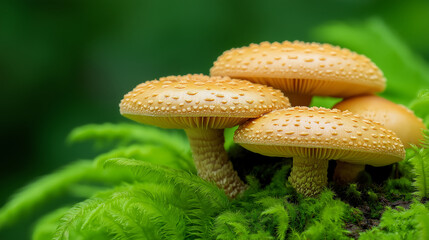 A damp forest where mushrooms thrive,  surrounded by moss and lichen-covered rocks and trees, evokes freshness, growth, and natural renewal.