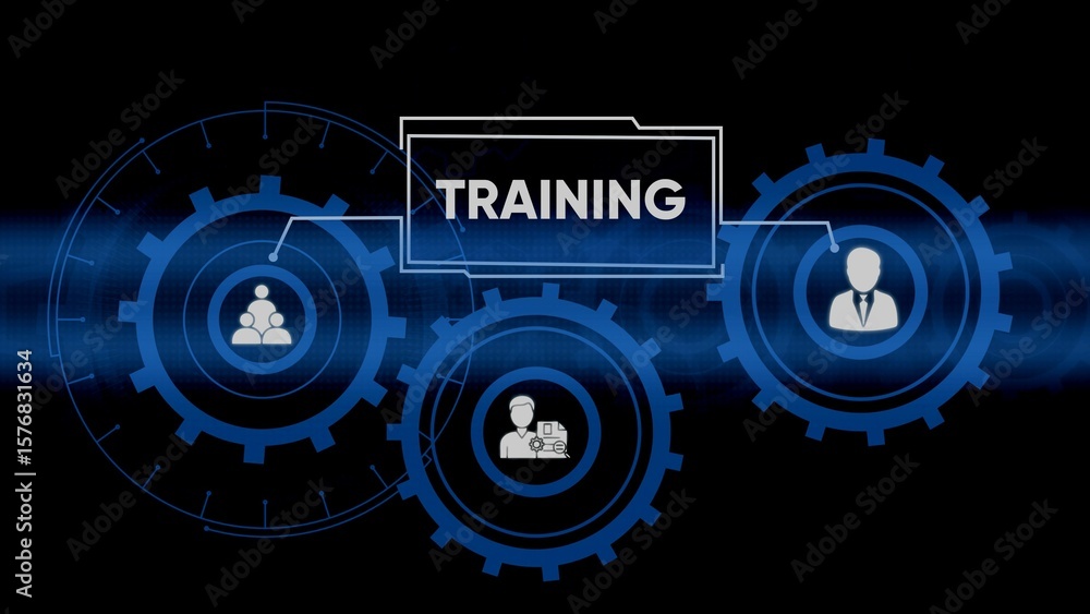 Poster conceptual digital business training illustration showing collaboration and teamwork in progress