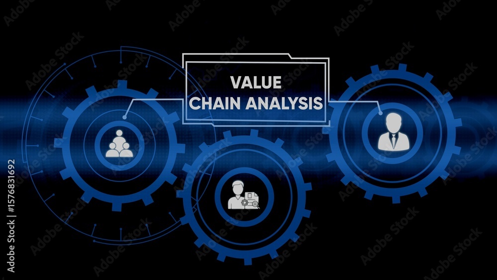 Poster value chain analysis illustration depicting processes and individuals in a business context