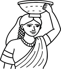 Continuous line art of a rural woman carrying a water pot alternate version minimalist traditional village woman vector illustration, Rural woman continuous line drawing alternate, Minimalist village 