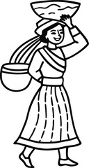 Continuous line art of a rural woman carrying a water pot minimalist traditional village woman vector illustration, Rural woman continuous line drawing, Minimalist village woman sketch