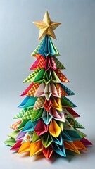 Origami Christmas tree with colorful paper and ornaments