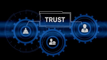 Conceptual illustration of trust and teamwork with gears and business icons on dark background