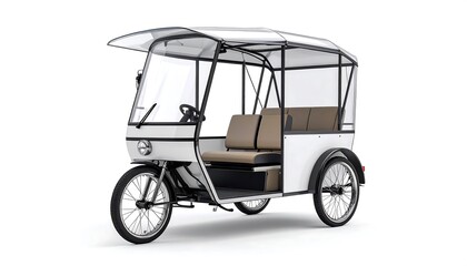 Three Wheeled White Electric E Rickshaw With Canopy On White Background