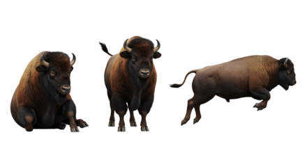 Three bison poses Resting standing and leaping with dark brown fur.