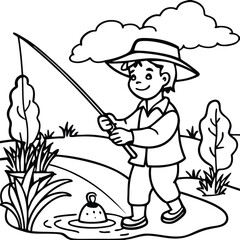 Fototapeta premium Outline of Village Boy Fishing in Pond Vector Illustration, Village Boy Fishing Sketch, Rural Fishing Outline Art, Pond Fishing Line Drawing