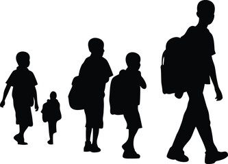 School Children Returning Home Silhouette, Kids Walking Home After School Silhouette, Village Children Walking in Silhouette Style, Rural School Kids Heading Home Silhouette

