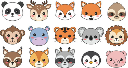 Set of cute and kawaii 15 animal signs. Flat cartoon vector isolated on white background.