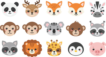 Set of cute and kawaii 15 animal signs. Flat cartoon vector isolated on white background.