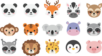 Kawaii faces animal avatars Cute animals icons zoo asian style cartoon characters Funny chinese. Set of cute and kawaii 15 animal signs. Flat cartoon vector isolated on white background.