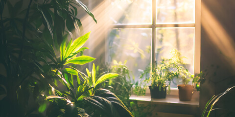 Indoor Houseplants Glowing in Morning Sunlight by Window