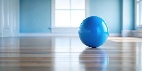 A blue ball lies on the floor with a slight bounce