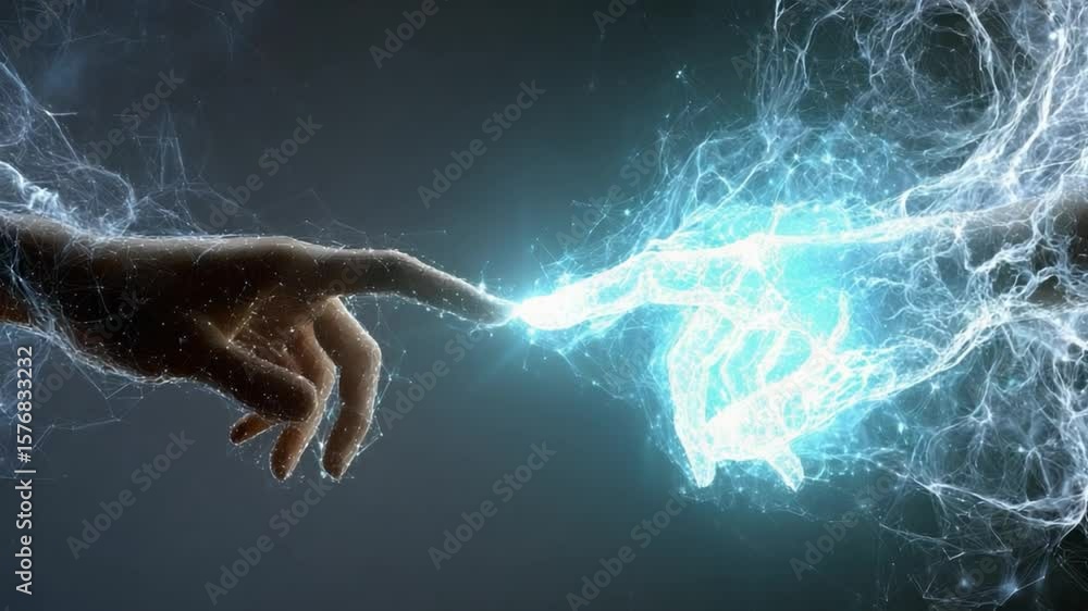 Poster hands reaching out connecting with energy and light symbolizing unity innovation and creativity in d