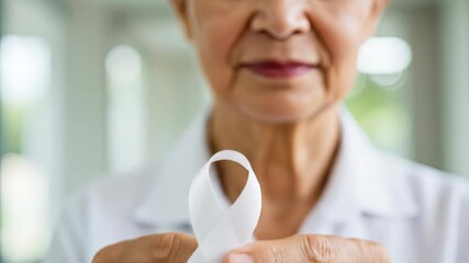 Image of Hand Holding White Lung Cancer Awareness Ribbon. World Lung Cancer Day