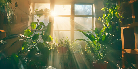 Indoor Houseplants Glowing in Morning Sunlight by Window