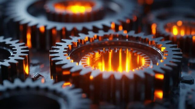 Close-up View of Metallic Gears with Glowing Orange Embers in Industrial Setting for Conceptual Background