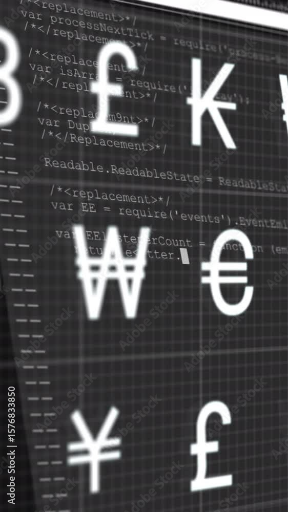 Poster animation of currency symbols over data processing on black background
